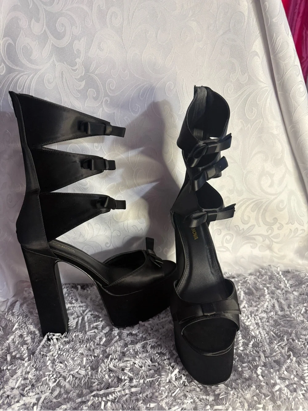 Black Platform Bow Ankle-Strap Heels